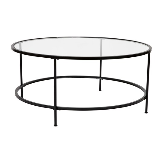 Merrick Lane Newbury Glass Coffee Table with Round Matte Gold Frame and Vertical Legs